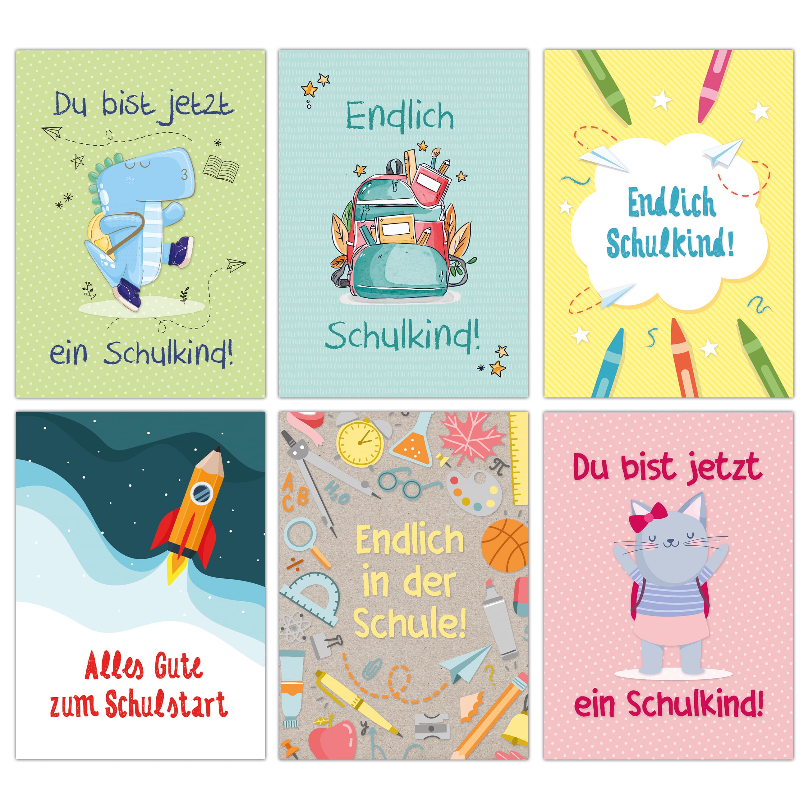 12 Glückwunschkarten zur Einschulung - Bunt mit Tieren