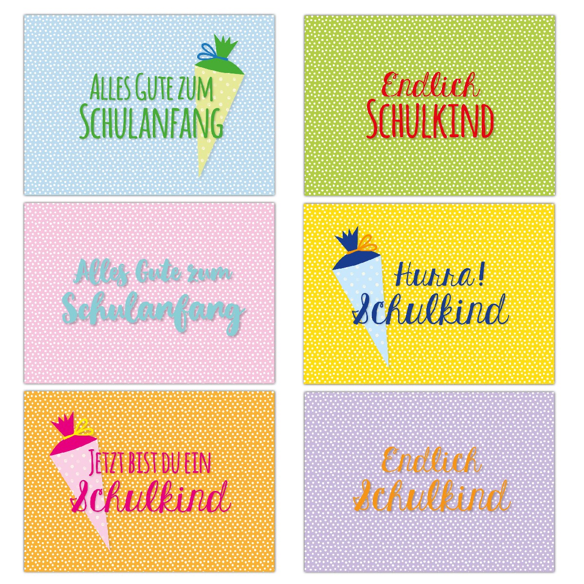 12 Glückwunschkarten zur Einschulung - Bunt mit Punkten