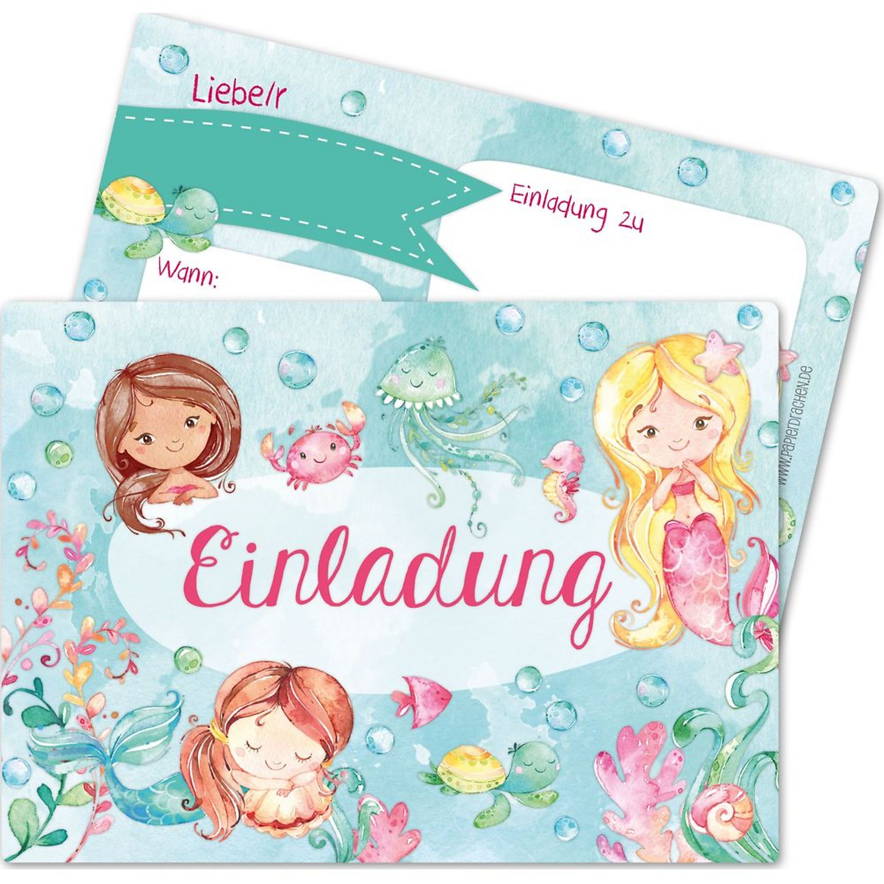 12 Einladungskarten zum Geburtstag für Mädchen - Meerjungfra