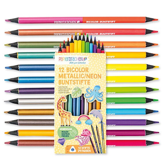 12 Bicolor Buntstifte Metallic und Neon